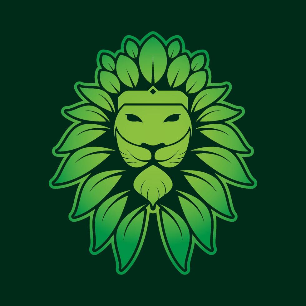 modelo de logotipo de cabeça de leão de folha de natureza verde vetor