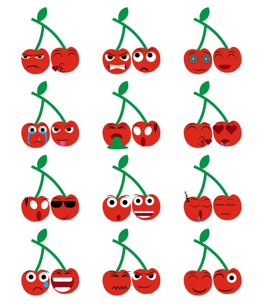 casal fruta cereja cartoon emoticon emoji ícone ekspression conjunto de vetores