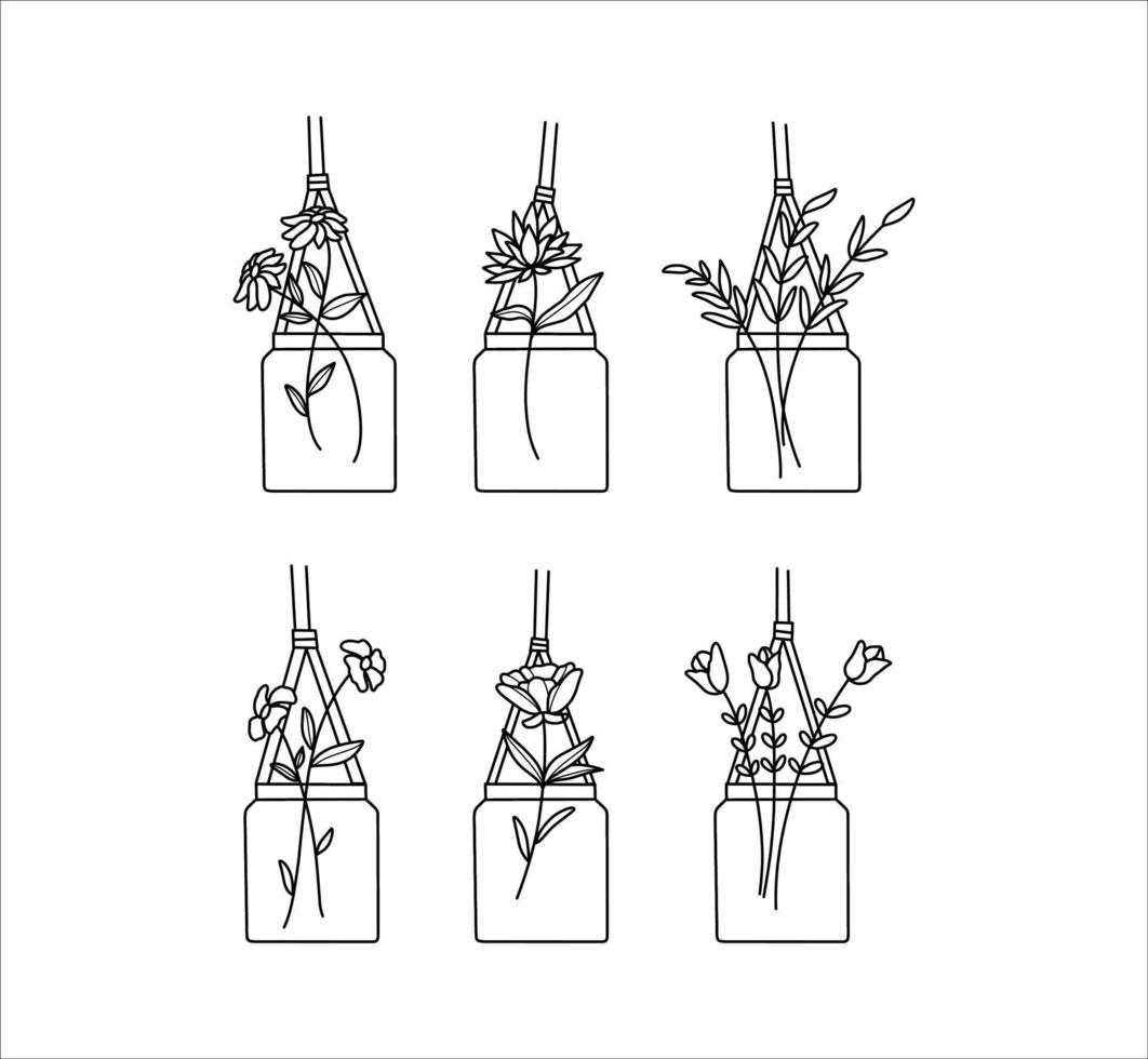 frasco de pedreiro com coleção de desenho de ilustrações de flores vetor