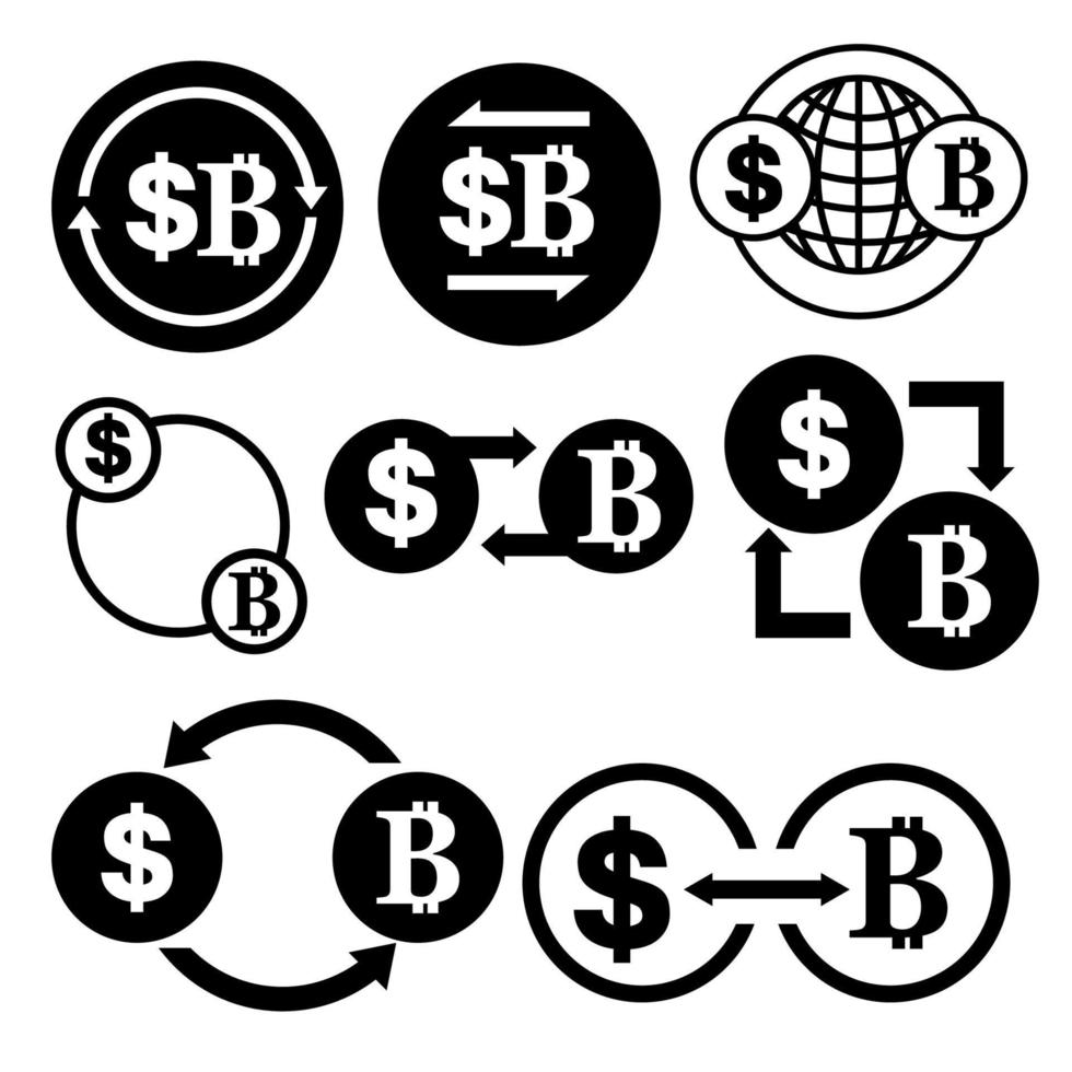 ícone de conversão de dinheiro preto e branco de dólar para conjunto de pacotes de vetor de bitcoin