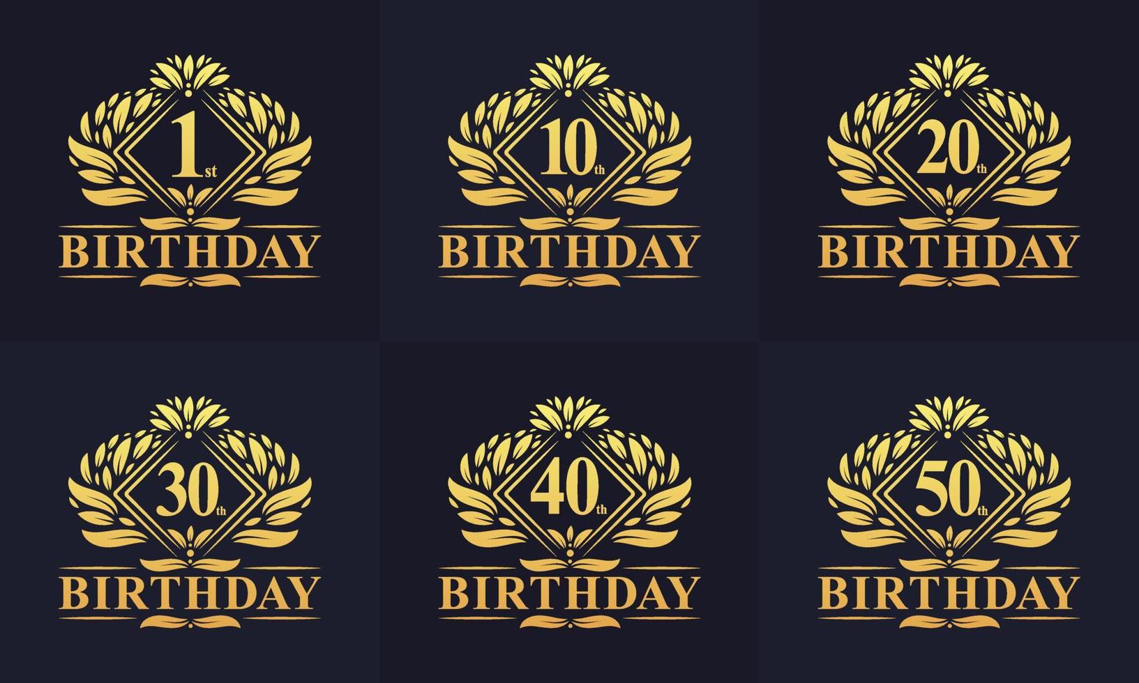 conjunto de logotipo de aniversário retrô vintage. luxuoso pacote de logotipo de aniversário dourado. Pacote de logotipo de 1º, 10º, 20º, 30º, 40º, 50º aniversário. vetor