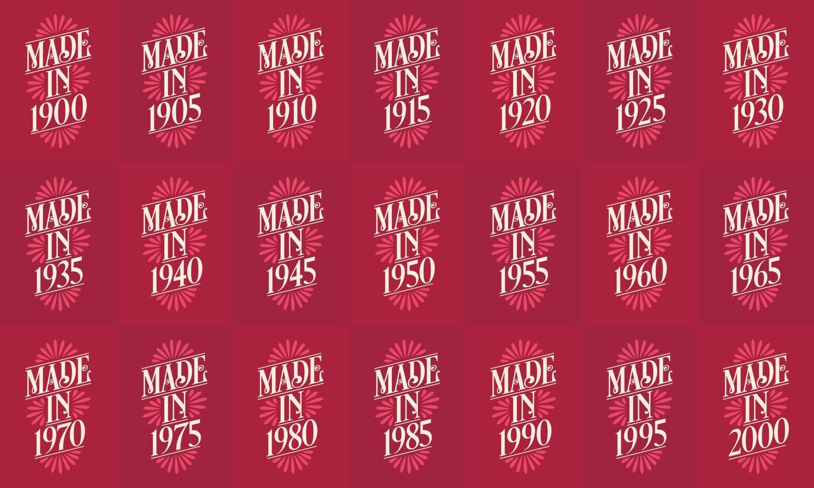 pacote de design de aniversário tipográfico lindo vintage retrô. 1900, 1905, 1910, 1915, 1920, 1925, 1930, 1935, 1940, 1945, 1950, 1955, 1960, 1965, 1970, 1975, 1980, 1985 1990, 1995, 2005 vetor