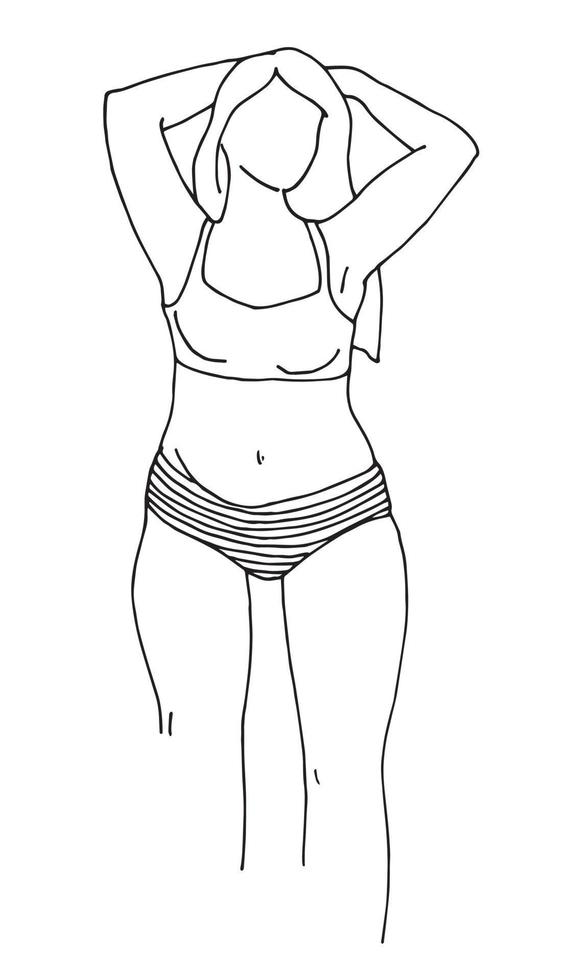 desenho vetorial doodle. mulher com excesso de peso em um maiô, biquíni. mulher jovem e bonita mais tamanho isolado no fundo branco. desenho de forro simples. corpo positivo, feminismo, verão, férias na praia vetor