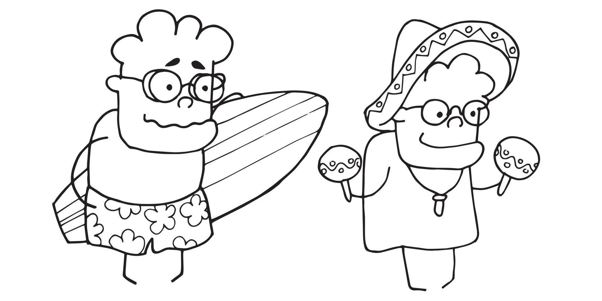 desenho vetorial doodle bonito. casal de idosos nas férias de verão. viagens de avô e avó, férias de aposentadoria. vetor