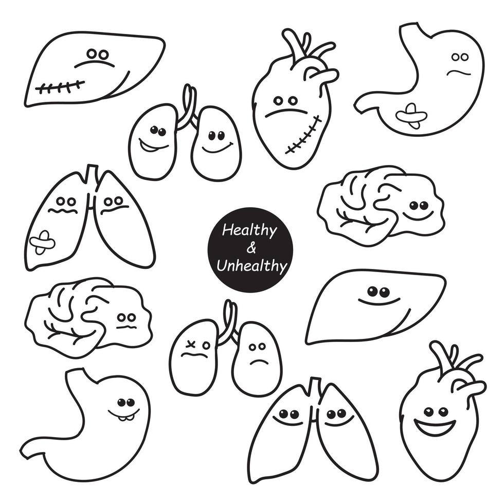 ilustração em vetor estilo doodle. um conjunto de órgãos internos saudáveis e insalubres. comparação de ícones de órgãos doentes e saudáveis. estômago, fígado, coração, pulmões, rins, cérebro. plana para crianças em quadrinhos