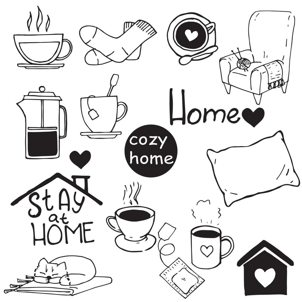 ilustração em vetor estilo doodle. um conjunto de elementos sobre o tema de uma casa aconchegante. desenhos simples bonitos em uma linha. ícones com círculos, corações, meias quentes, gato, poltrona, travesseiro e muito mais