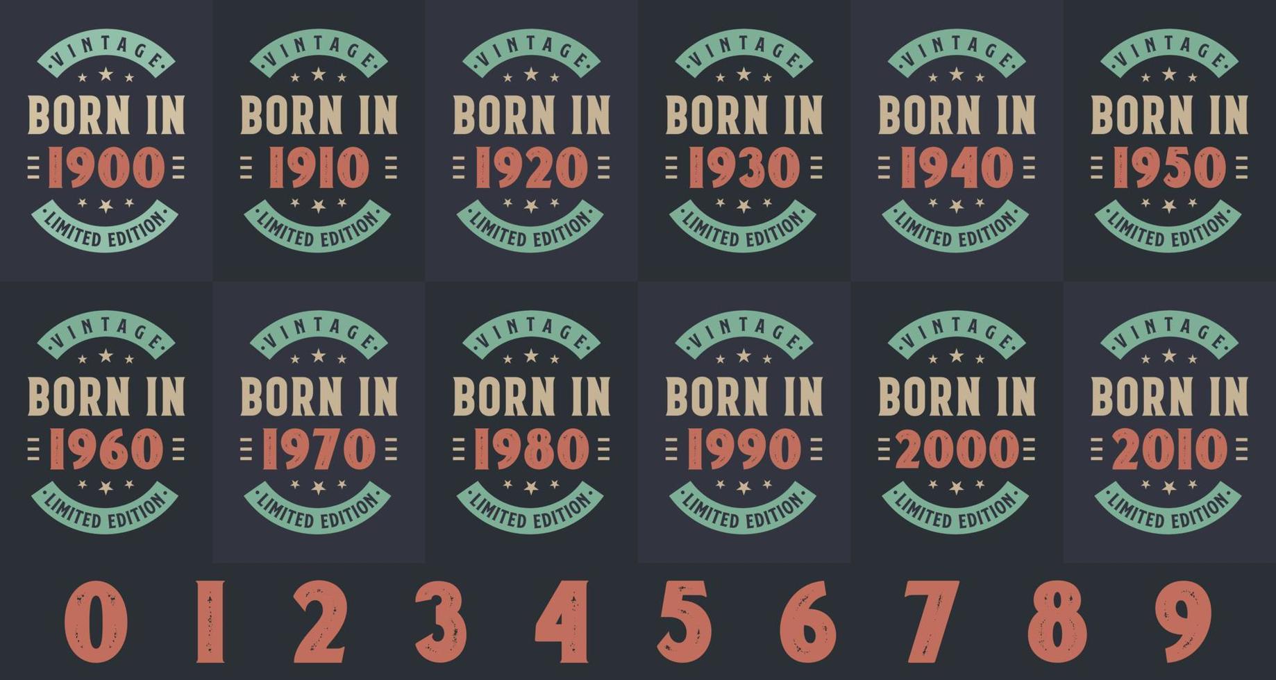 pacote de design de aniversário vintage retrô. nascido em 1900, 1910, 1920, 1930, 1940, 1950, 1960, 1970, 1980, 1990, 2000, 2010 pacote de camisetas vetor