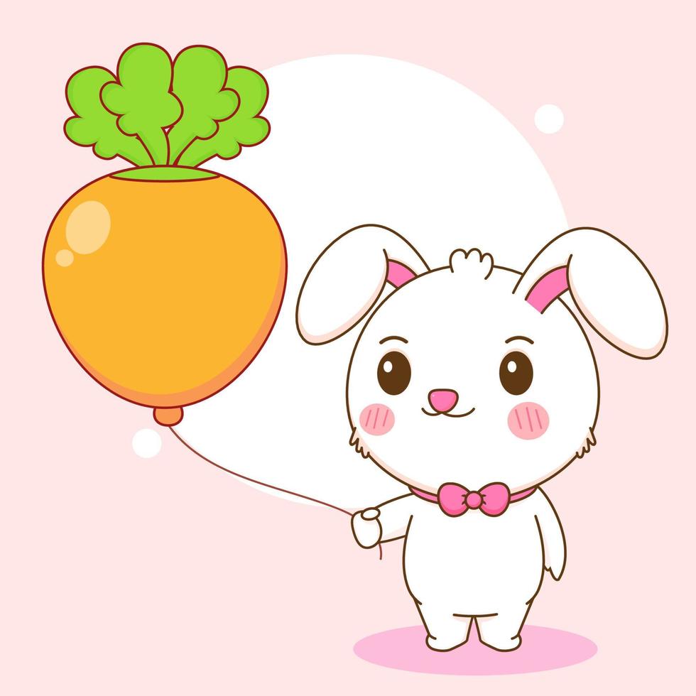 coelho fofo com balão de cenoura. ilustração de personagem de desenho animado de coelho. vetor
