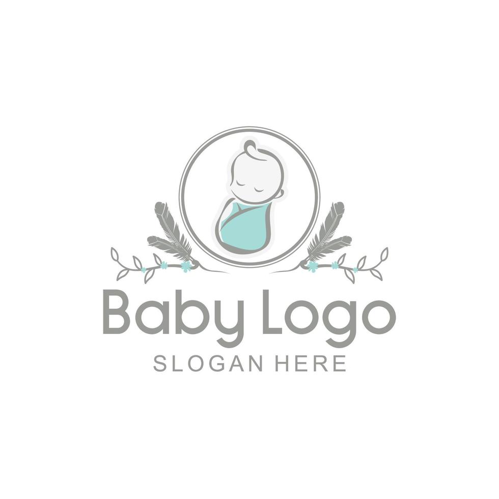 design de logotipo de spa de bebê galhos penas e flores vetor