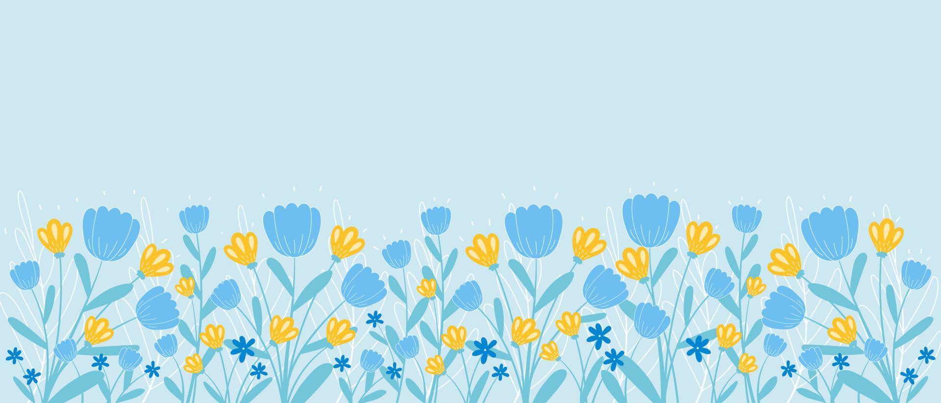 cenário de primavera com borda de flores desabrochando e folhas em estilo desenhado à mão, modelo de banner horizontal vetor