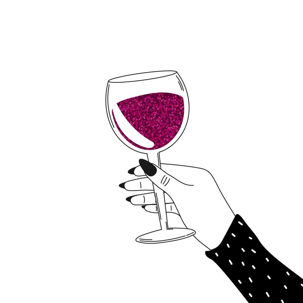 mulher segurando o copo de vinho com estilo glitter isolado no fundo branco, conceito de amante do vinho, celebração do feriado, bebendo álcool vetor