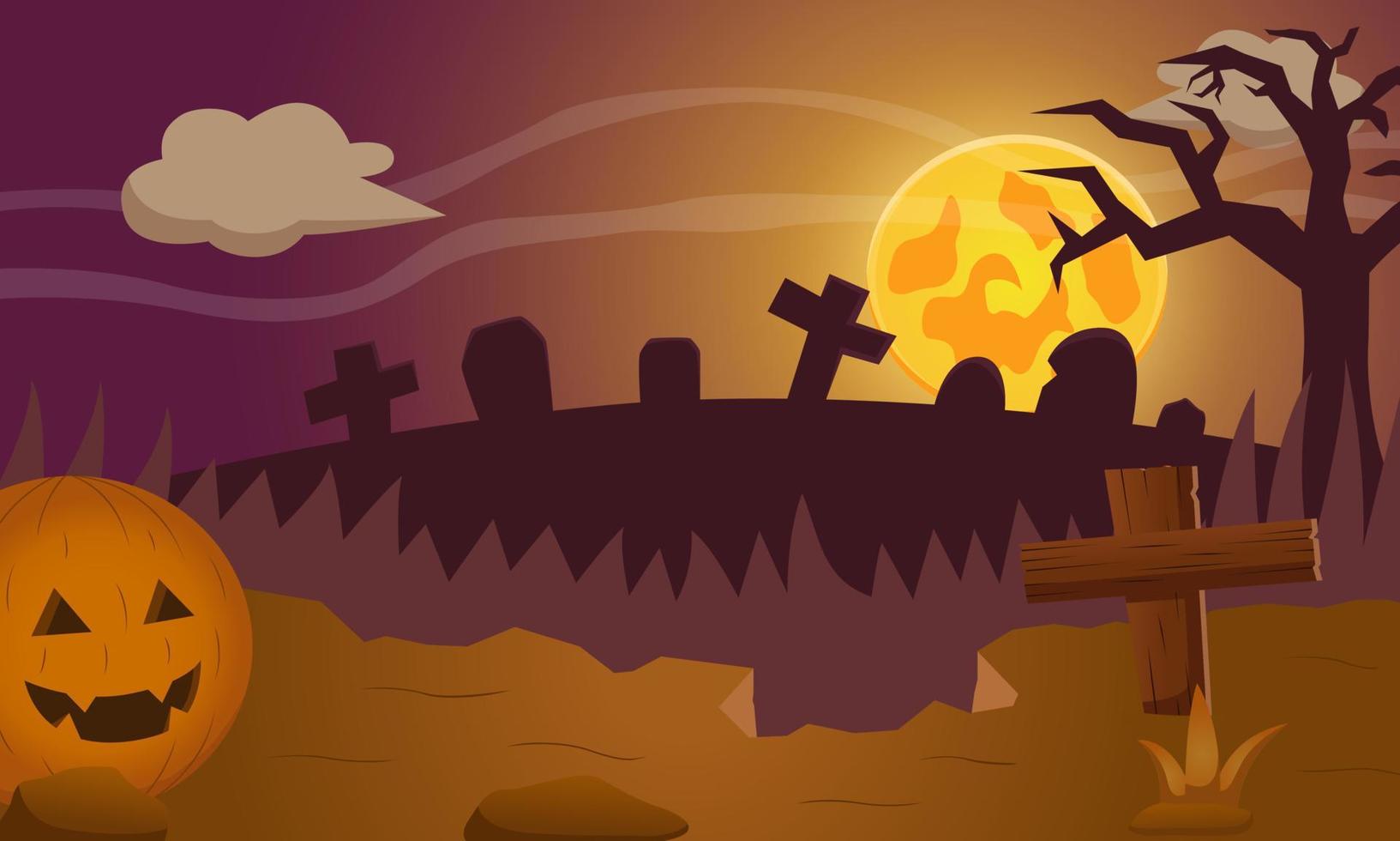 ilustração de fundo de halloween com abóbora assustadora e lua cheia vetor