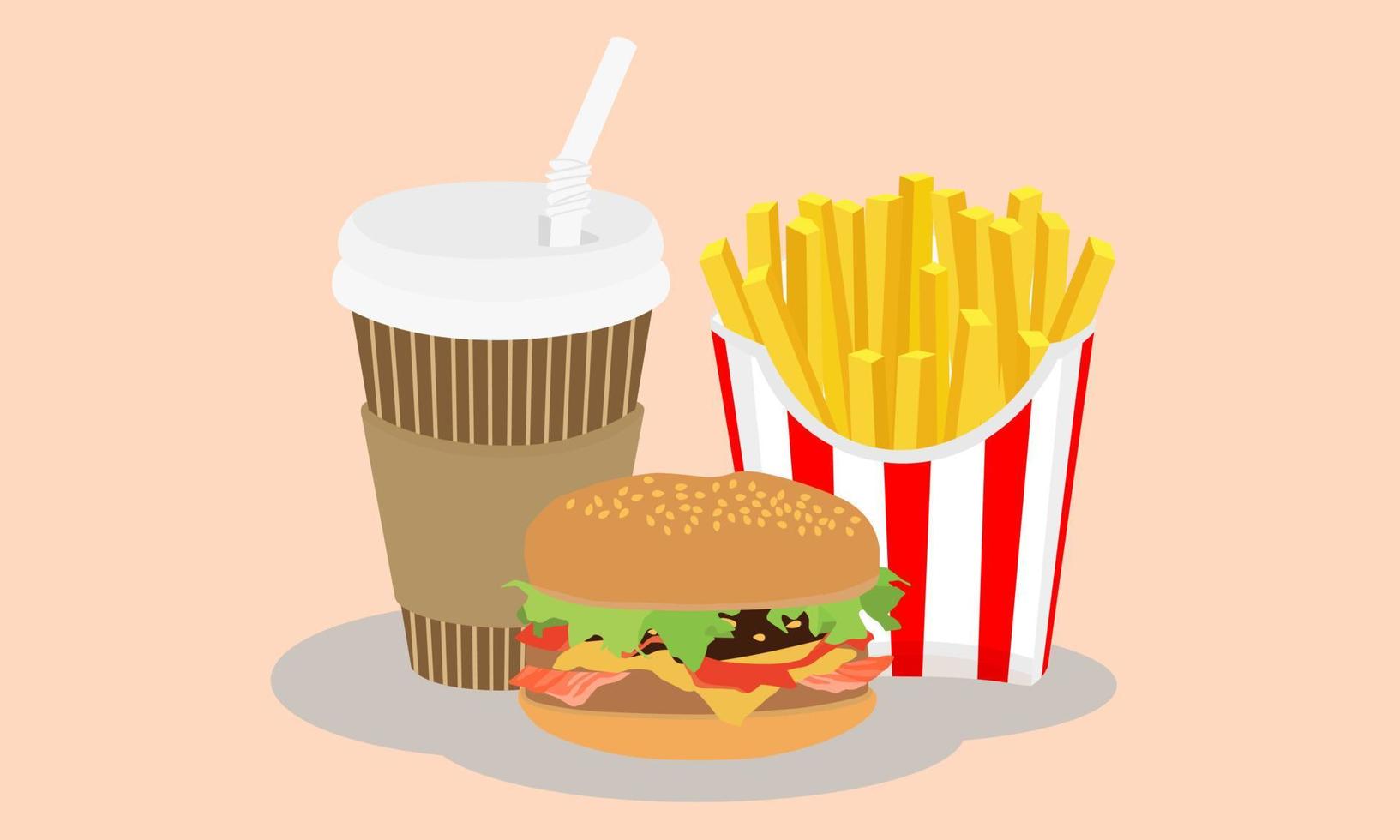 pratos de fast food isolados. ilustração vetorial de batatas fritas, hambúrguer e café. vetor
