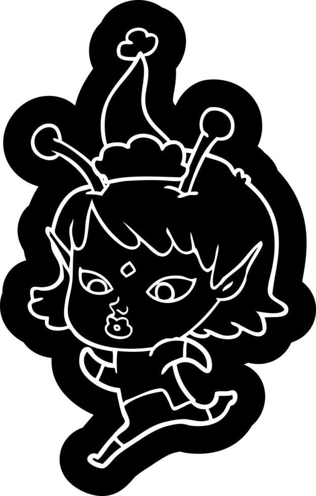 ícone bonito dos desenhos animados de uma garota alienígena correndo usando chapéu de papai noel vetor
