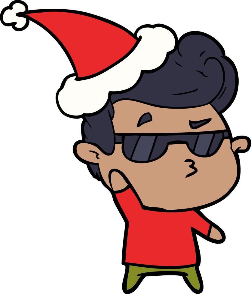 desenho de linha de um cara legal usando chapéu de papai noel vetor