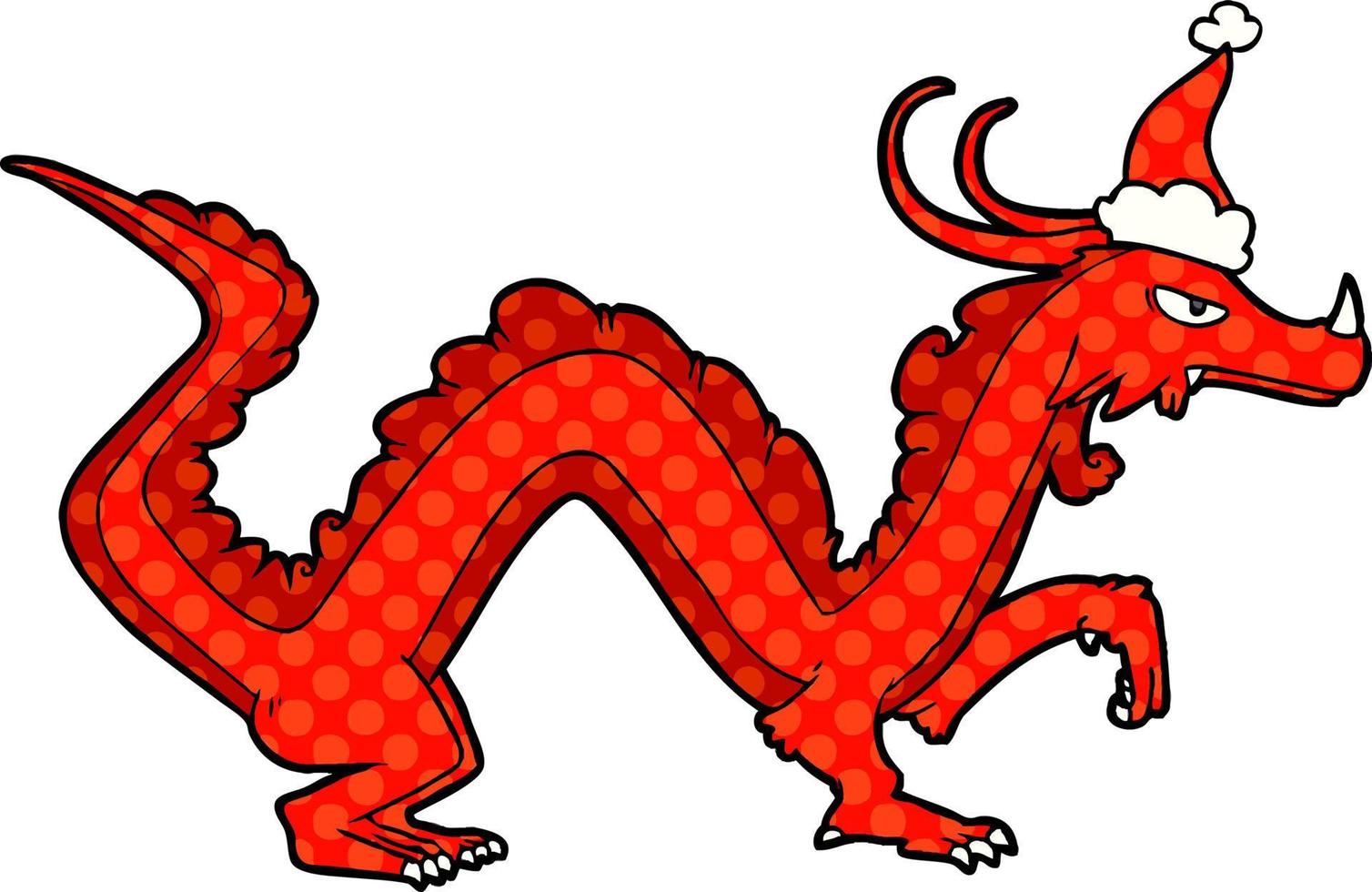 ilustração de estilo de quadrinhos de um dragão usando chapéu de papai noel vetor