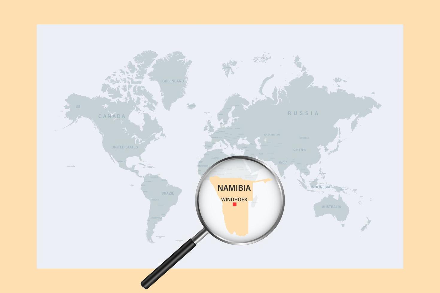 mapa da namíbia no mapa do mundo político com lupa vetor