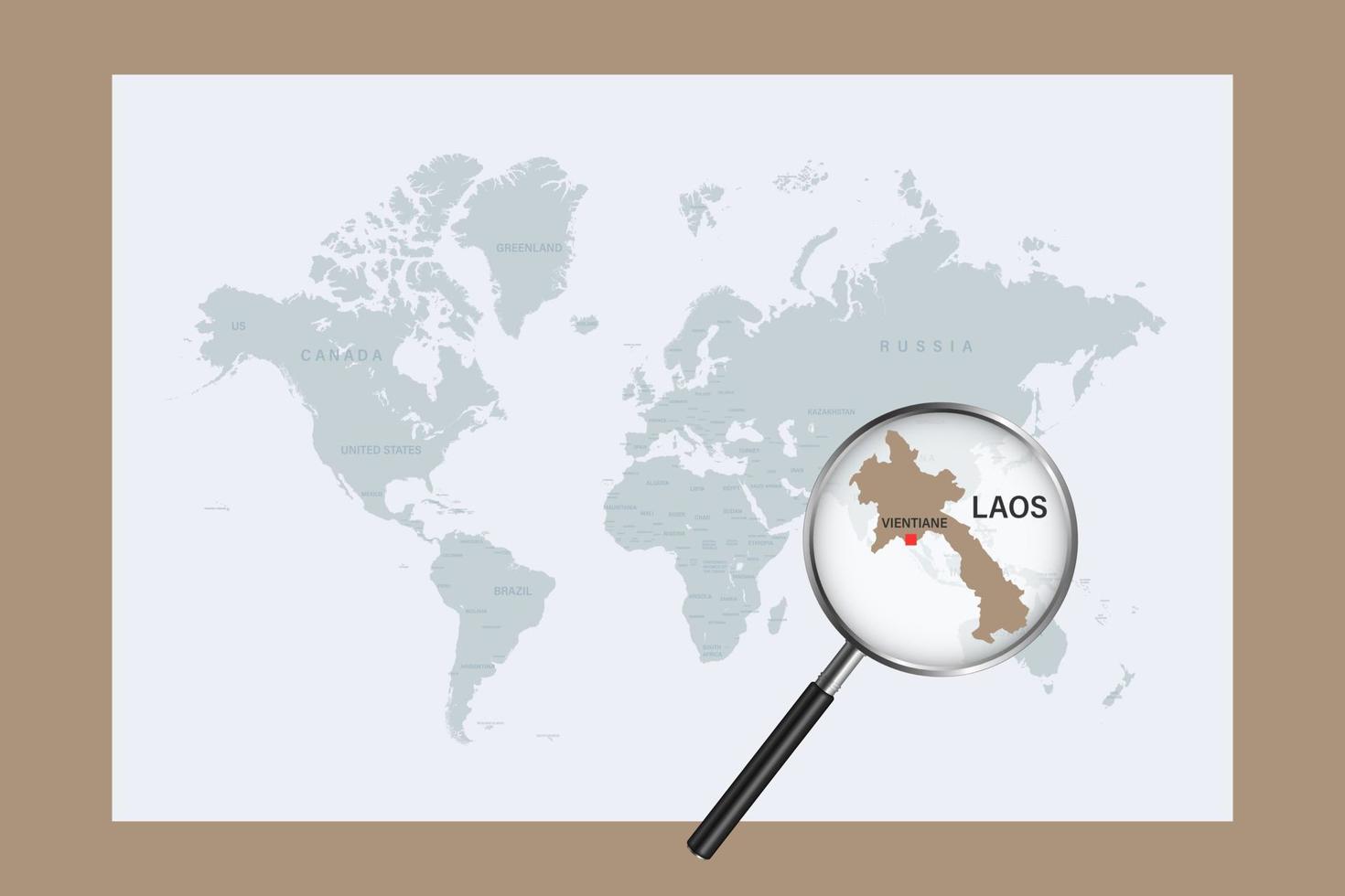 mapa do laos no mapa do mundo político com lupa vetor