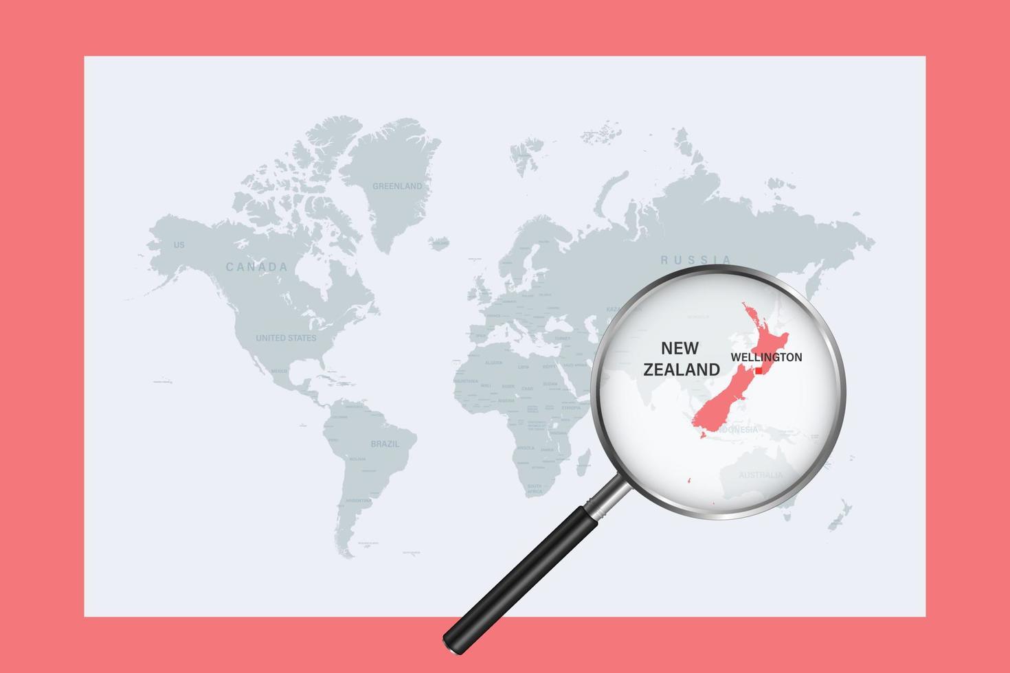 mapa da Nova Zelândia no mapa do mundo político com lupa vetor