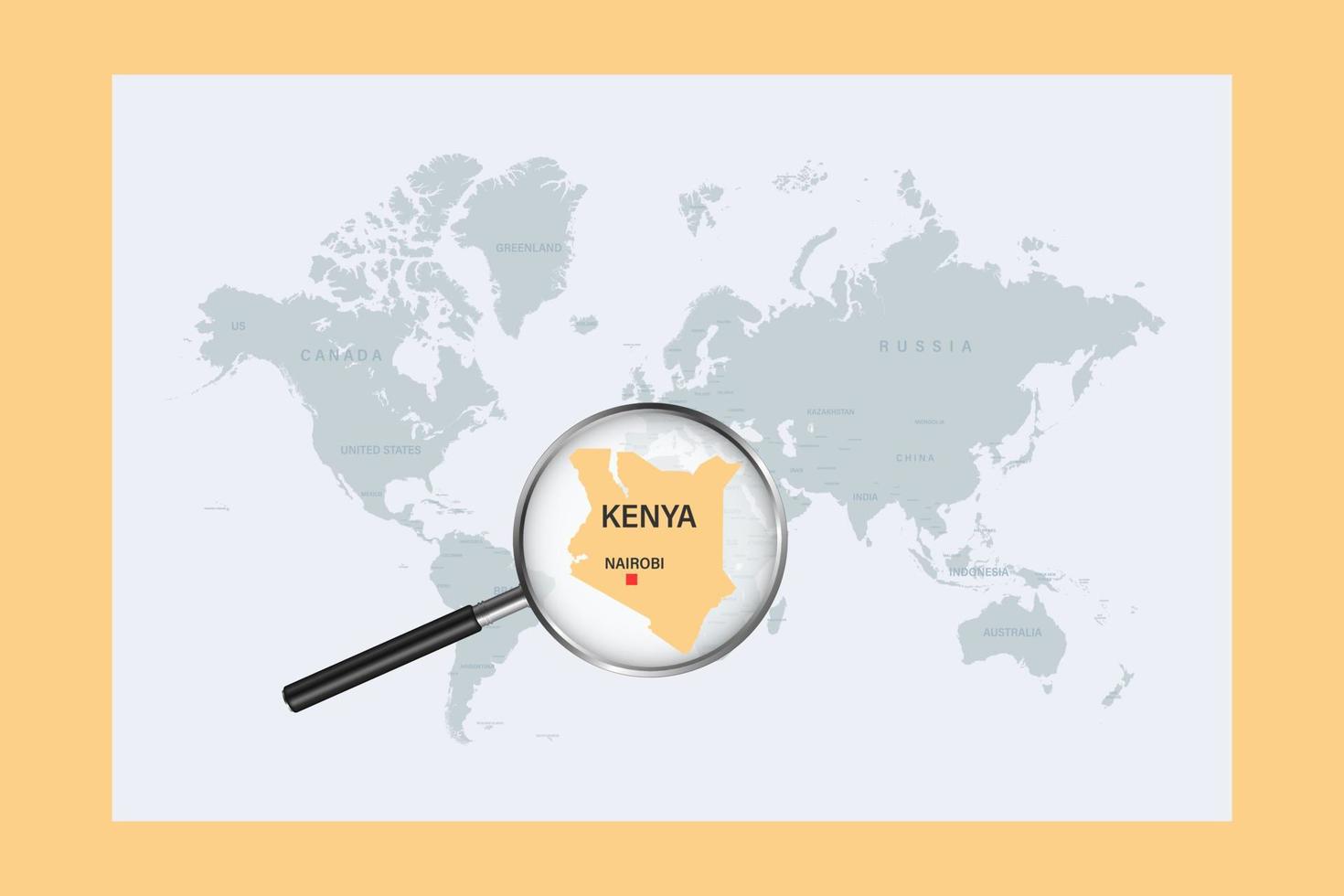 mapa do Quênia no mapa do mundo político com lupa vetor