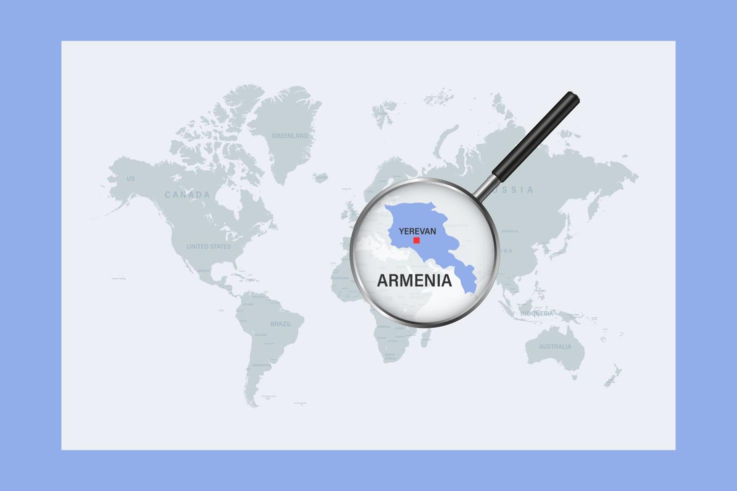 mapa da armênia no mapa do mundo político com lupa vetor