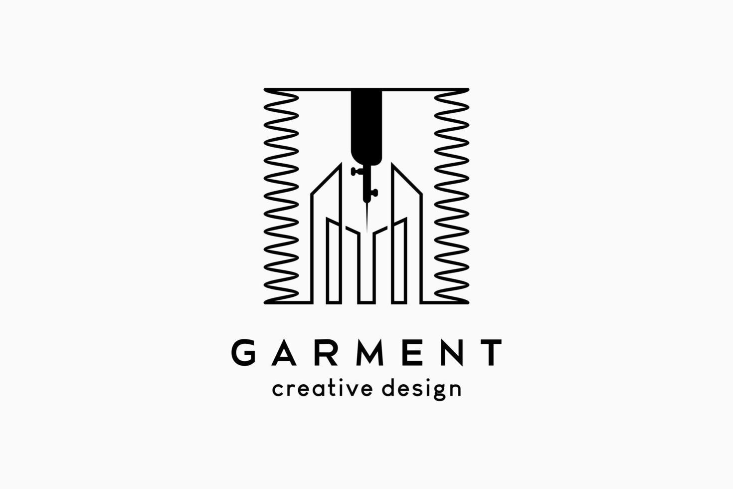 design de logotipo de vestuário, silhueta de uma agulha de máquina de costura combinada com um ícone de construção em uma caixa com um conceito de linha de arte ou costura de linha vetor