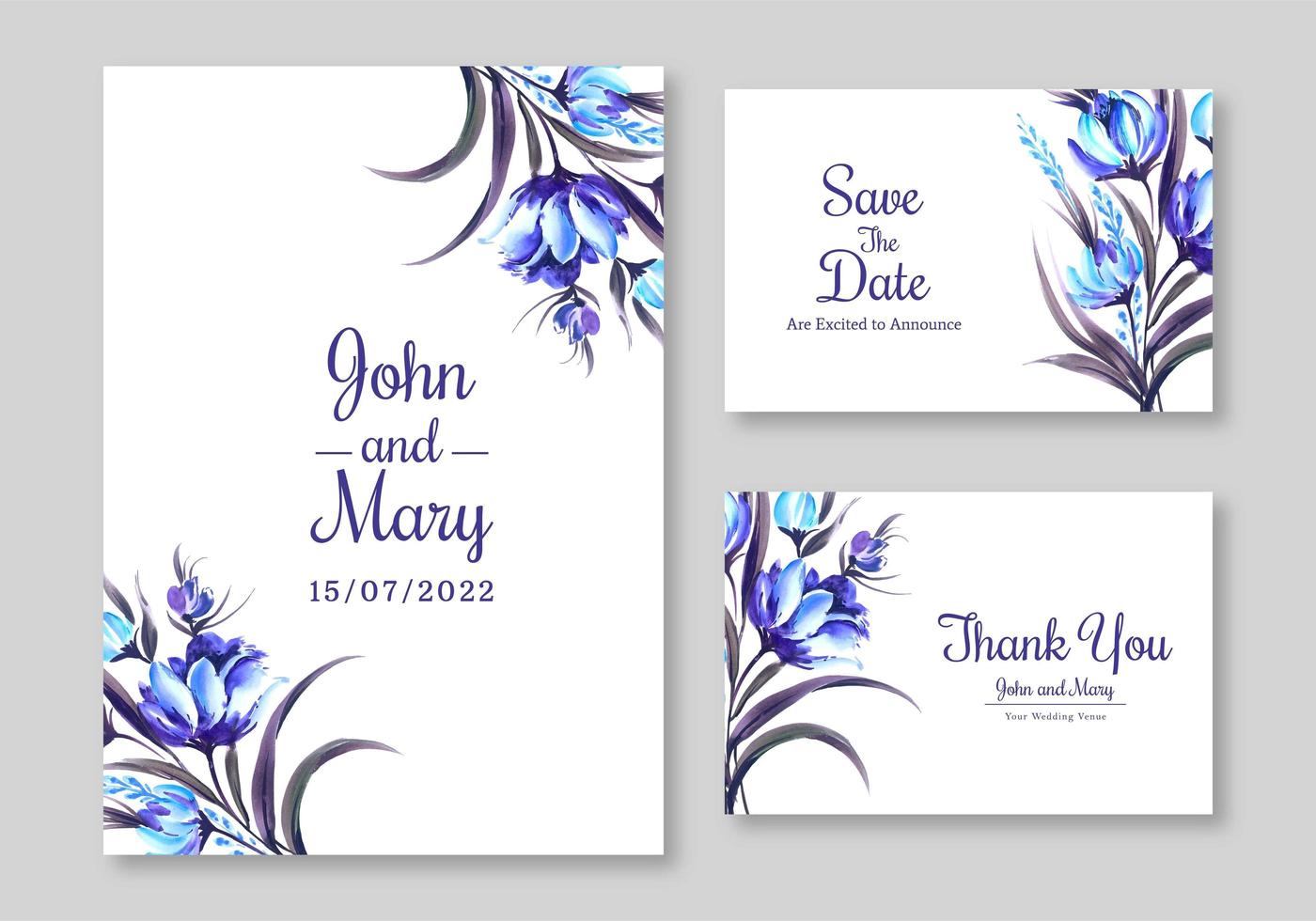 conjunto de convite de casamento floral azul vetor