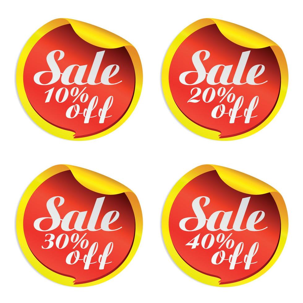 adesivos de venda amarelos com bolha vermelha 10, 20, 30, 40% de desconto vetor