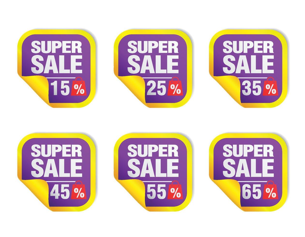 conjunto de adesivos de venda violeta. venda 15, 25, 35, 45, 55, 65% de desconto com o ícone do pacote vetor
