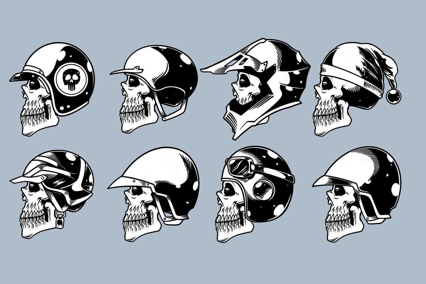 cabeça de caveira com vários leme na ilustração definir estilo monocromático vetor