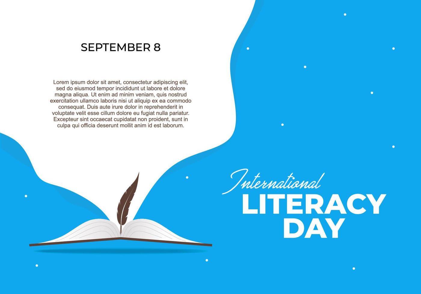 cartaz de banner do dia internacional da alfabetização com pena e livro aberto vetor