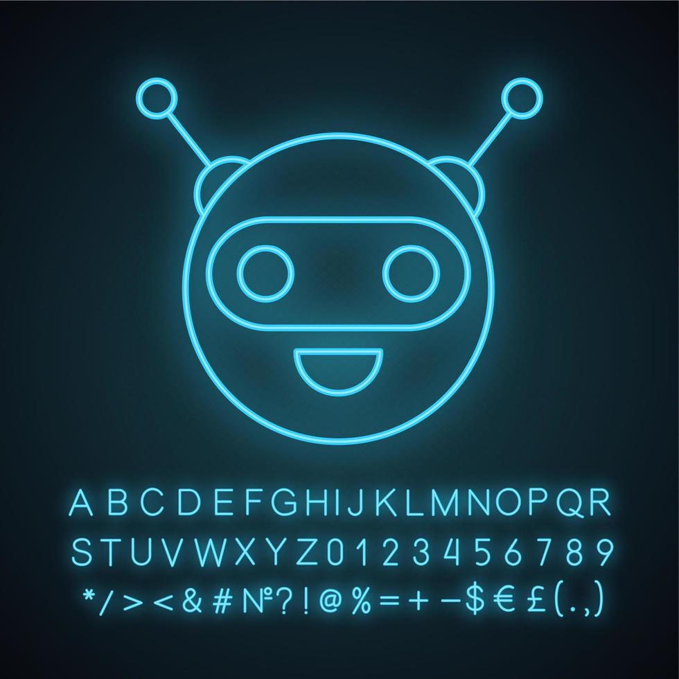 ícone de luz neon do chatbot. talkbot. bot de bate-papo rindo de cabeça de círculo. robô moderno. assistente virtual. agente de conversação. sinal brilhante com alfabeto, números e símbolos. ilustração vetorial isolada vetor