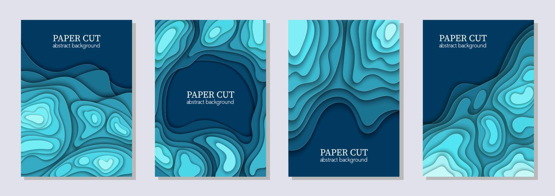 conjunto de vetores verticais de 4 panfletos azuis com formas de ondas de corte de papel. Arte de papel abstrato 3D, layout de design para apresentações de negócios, folhetos, cartazes, estampas, decoração, cartões, capa de folheto.
