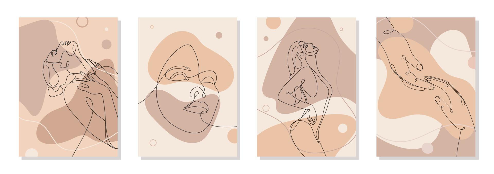 conjunto de 4 cartazes de arte de parede. figura de mulher jovem desenhada de linha única, corpo, rosto de beleza, mal tocando as mãos, minimalista. design gráfico vetorial dinâmico contínuo de uma linha com formas líquidas pastel. vetor