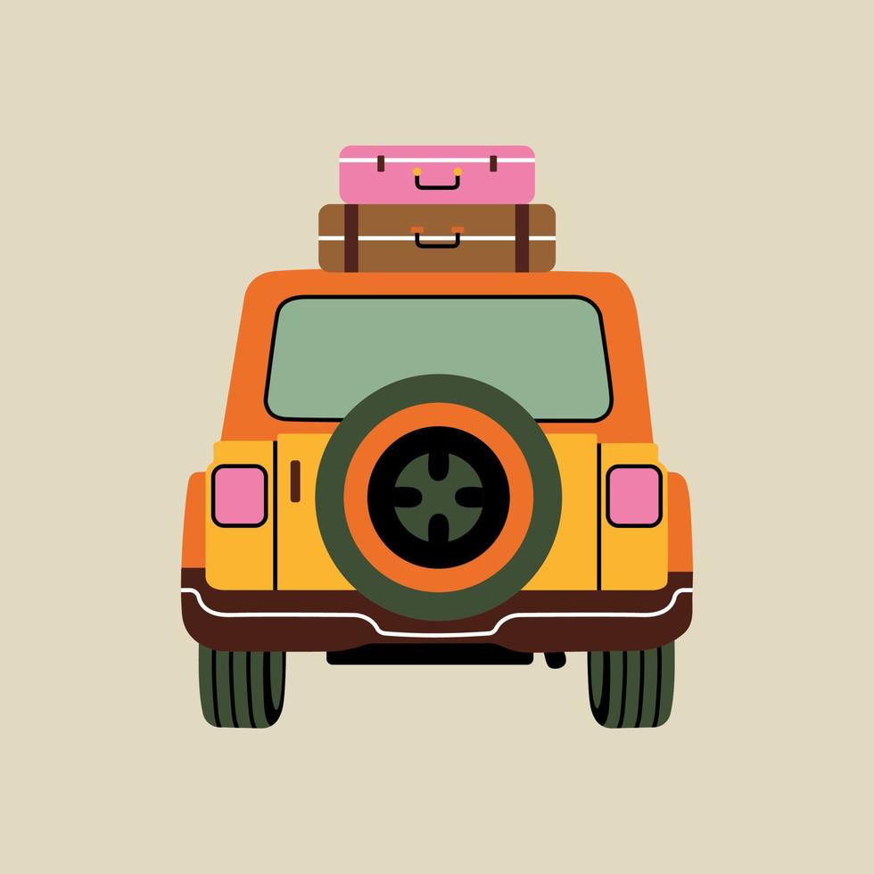 carro, telhado carregado com elemento de bagagem em estilo moderno de linha plana. ilustração vetorial desenhada à mão de lazer, férias, viagens, design de desenhos animados de viagem. patch de transporte vintage, distintivo, emblema vetor