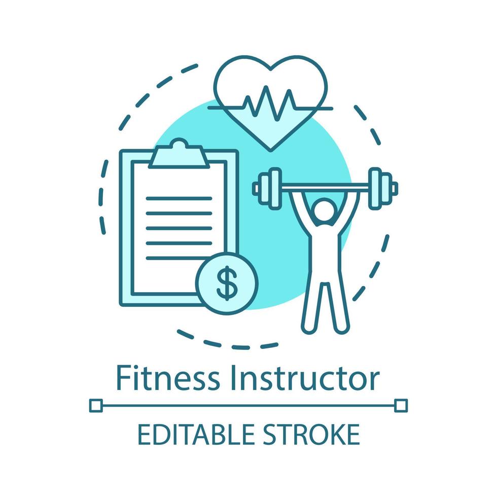 ícone de conceito de instrutor de fitness. treinador de ginástica, ilustração de linha fina de ideia de treinador. exercícios físicos. esporte, treinamento de treino e ferramenta de exercício. desenho de contorno isolado de vetor. traço editável vetor