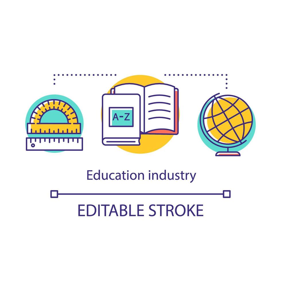 ícone do conceito de indústria de educação. matéria escolar estudando, aprendendo, formatura. réguas, livros didáticos, globo. ilustração de linha fina de ideia de escolaridade. desenho de contorno isolado de vetor. traço editável vetor