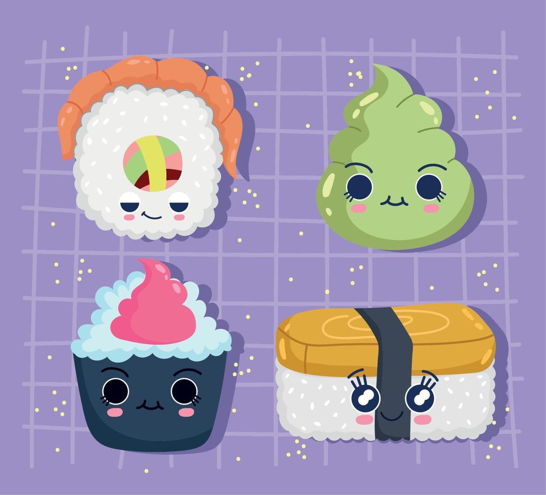 ícones sushi kawaii vetor