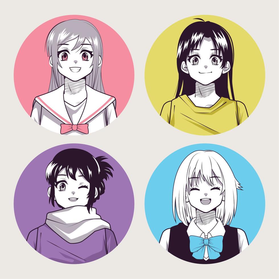 quatro meninas rostos de anime vetor