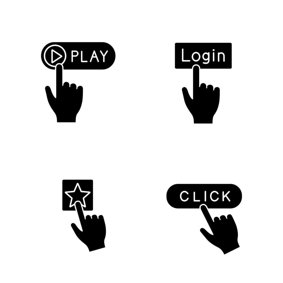 conjunto de ícones de glifo de botões de aplicativo. clique. jogar, fazer login, adicionar aos favoritos. símbolos de silhueta. ilustração vetorial isolada vetor
