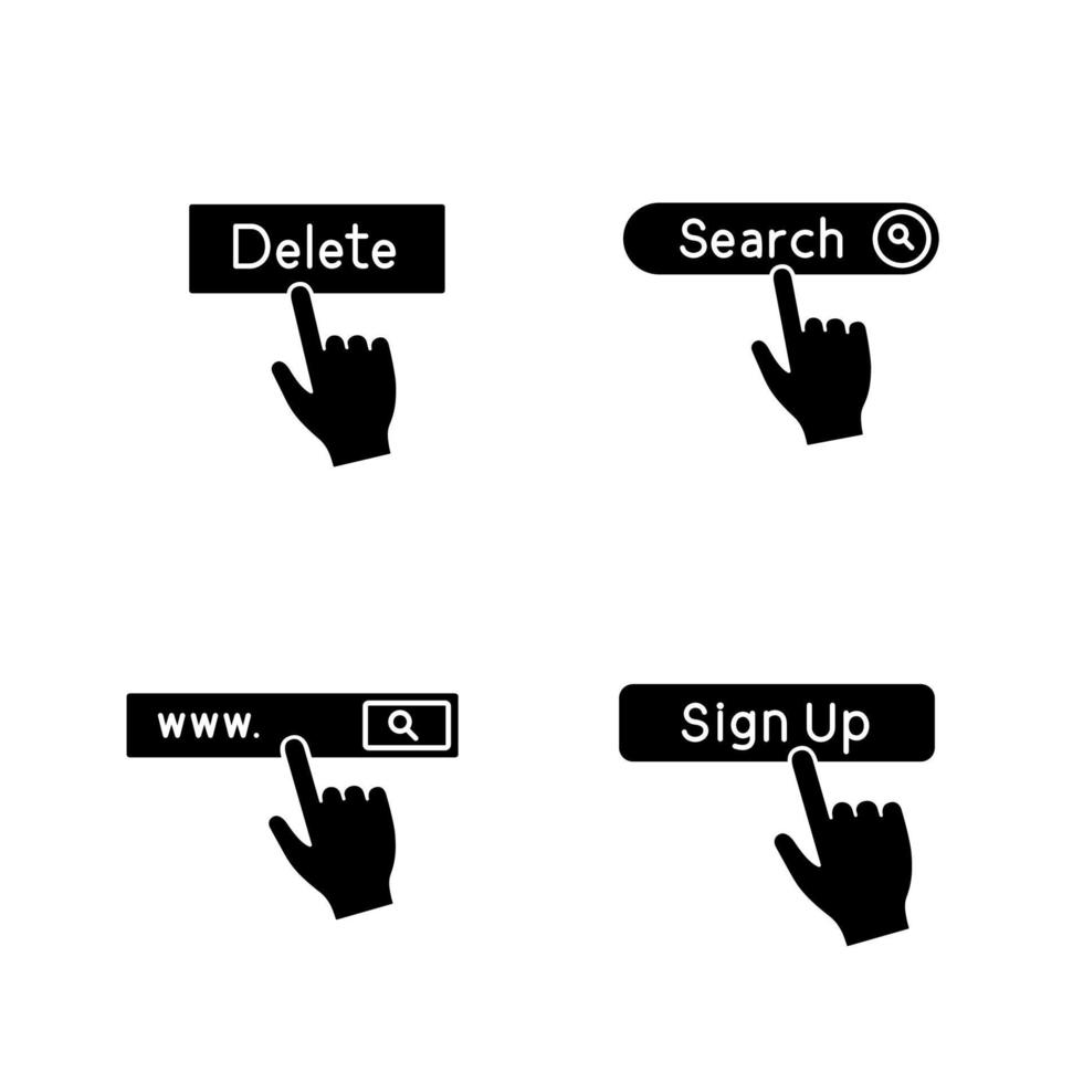 conjunto de ícones de glifo de botões de aplicativo. clique. barra de pesquisa, excluir, inscrever-se. símbolos de silhueta. ilustração vetorial isolada vetor