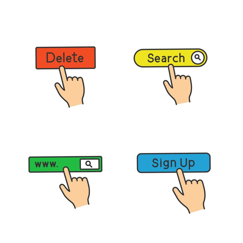 conjunto de ícones de cores de botões de aplicativo. clique. botões de aplicativos. barra de pesquisa, excluir, inscrever-se. ilustrações vetoriais isoladas vetor