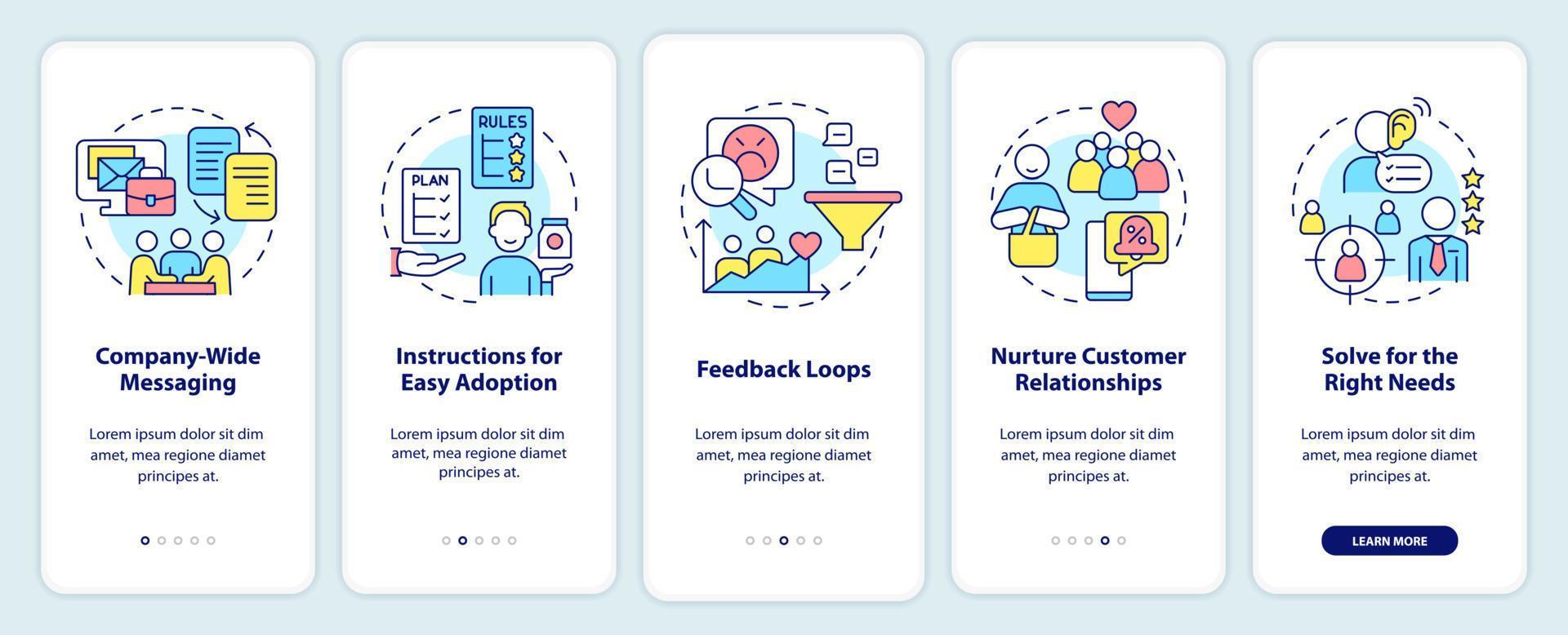 resolvendo as necessidades do cliente na tela do aplicativo móvel. passo a passo 5 passos páginas de instruções gráficas com conceitos lineares. ui, ux, modelo de gui. vetor