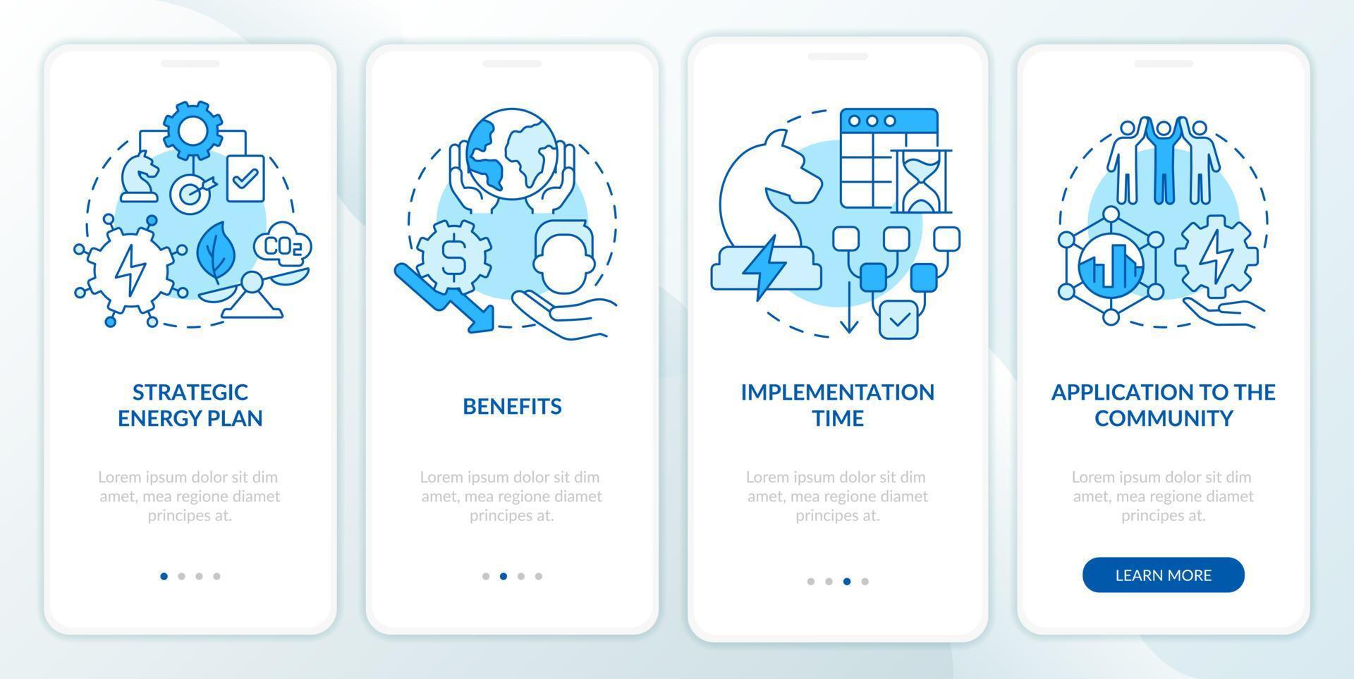 concentre-se na tela do aplicativo móvel de integração azul da estratégia de energia. passo a passo 4 passos páginas de instruções gráficas com conceitos lineares. ui, ux, modelo de gui. vetor