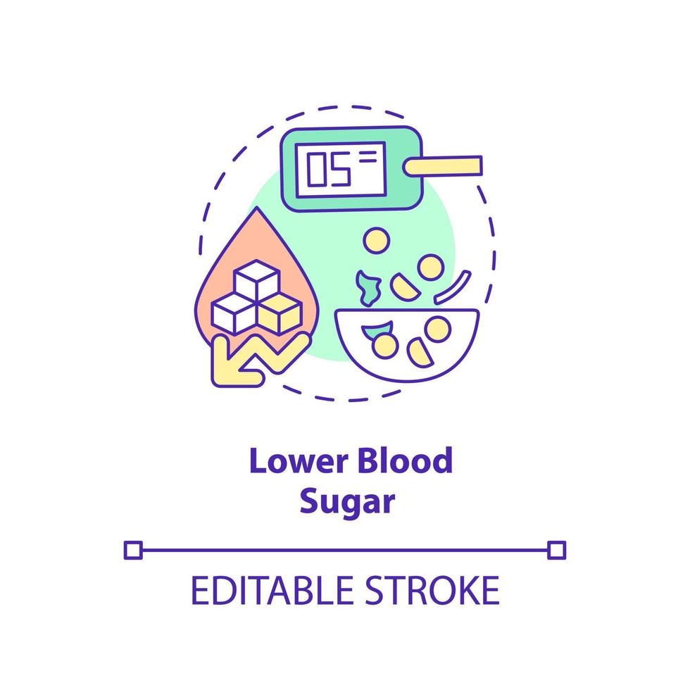 ícone de conceito de açúcar no sangue mais baixo. prevenção do diabetes. benefício da ilustração de linha fina de ideia abstrata de dieta vegana. desenho de contorno isolado. traço editável. vetor