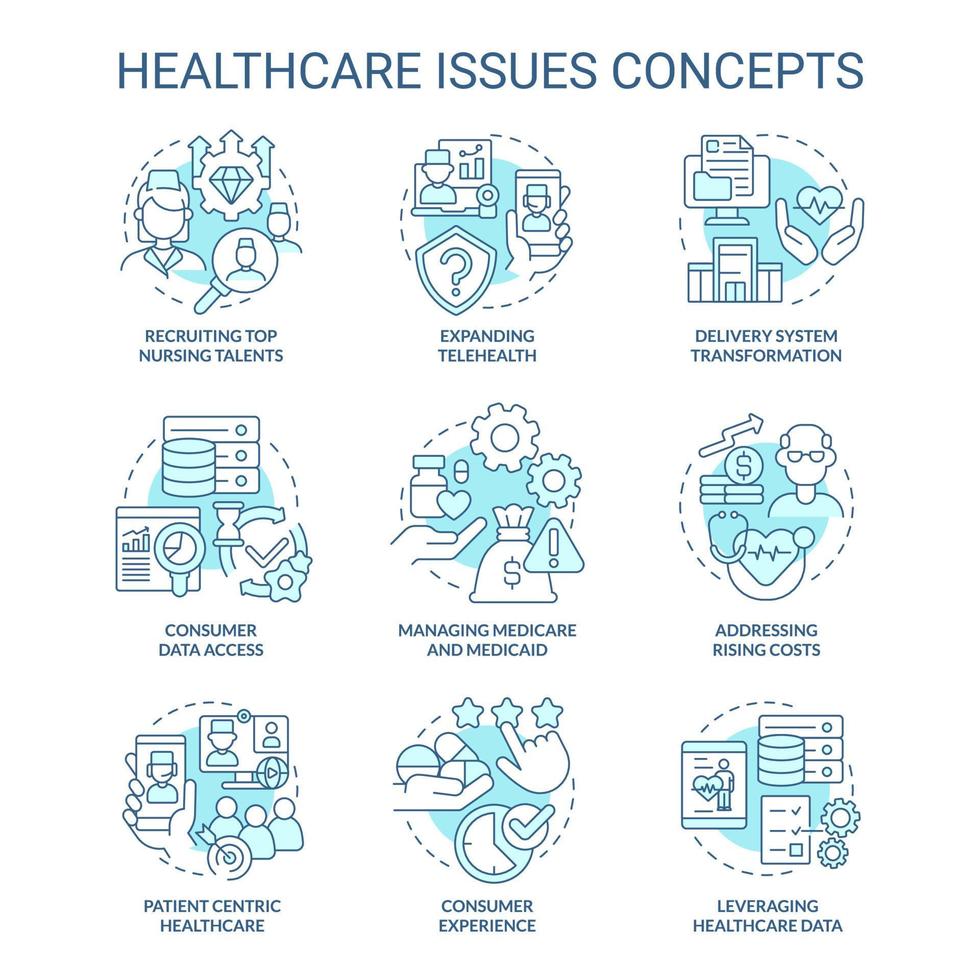 problemas de saúde conjunto de ícones de conceito turquesa. expandindo ilustrações de cores de linha fina de ideia de telessaúde. gerenciamento de medicamentos. símbolos isolados. traço editável. vetor