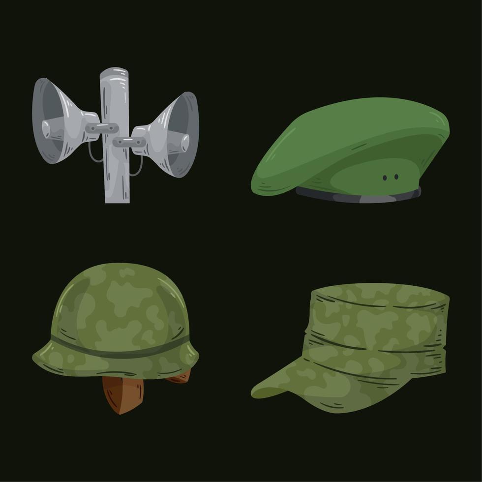 quatro ícones de equipamentos militares vetor