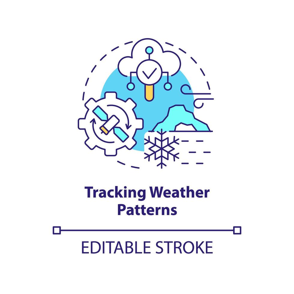 ícone do conceito de padrões climáticos de rastreamento. tecnologia espacial e ilustração de linha fina idéia abstrata de mudança climática. desenho de contorno isolado. traço editável. vetor