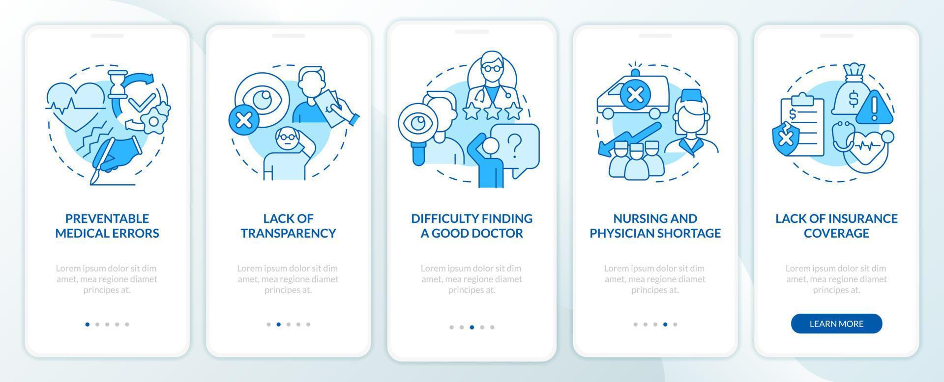 maiores problemas enfrentados pela tela do aplicativo móvel de integração azul de saúde. passo a passo 5 passos páginas de instruções gráficas com conceitos lineares. ui, ux, modelo de gui. vetor