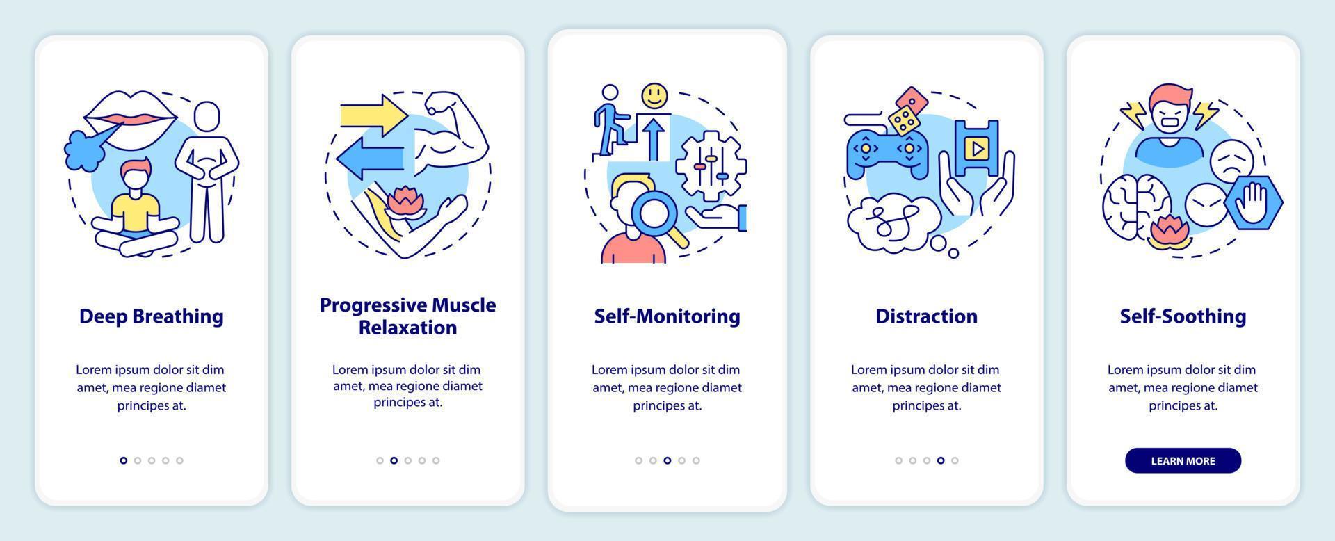 estratégias de enfrentamento ptsd integrando a tela do aplicativo móvel. passo a passo de cuidados de saúde 5 passos páginas de instruções gráficas com conceitos lineares. ui, ux, modelo de gui. vetor